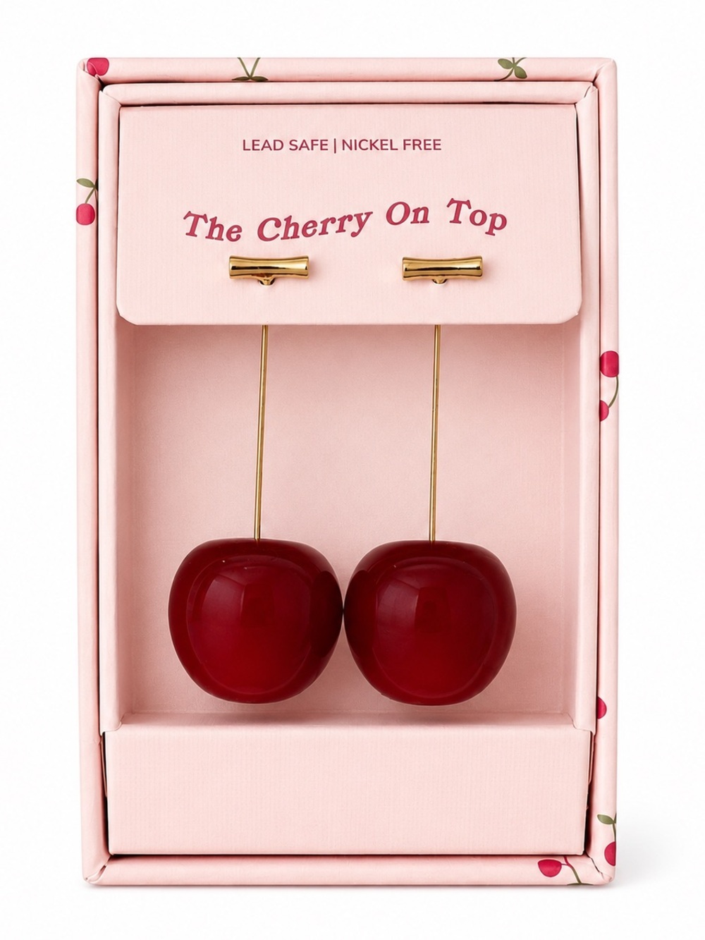 Cherry Drop Earrings Gold Bar Front Back Stud Red Fruit Statement Gift Box